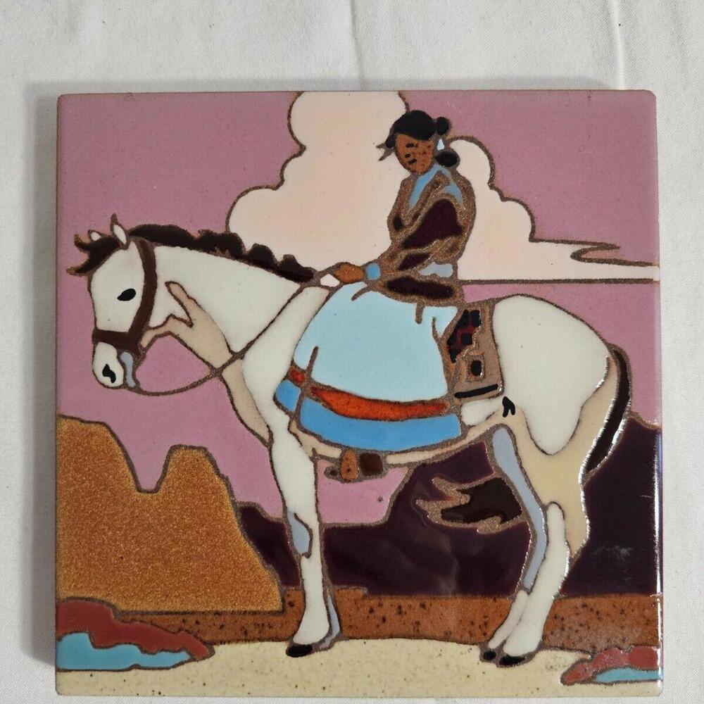 Glossy Native Woman On Horse Santa Fe Talavera Ceramic Tile Trivit 6x6" Pink